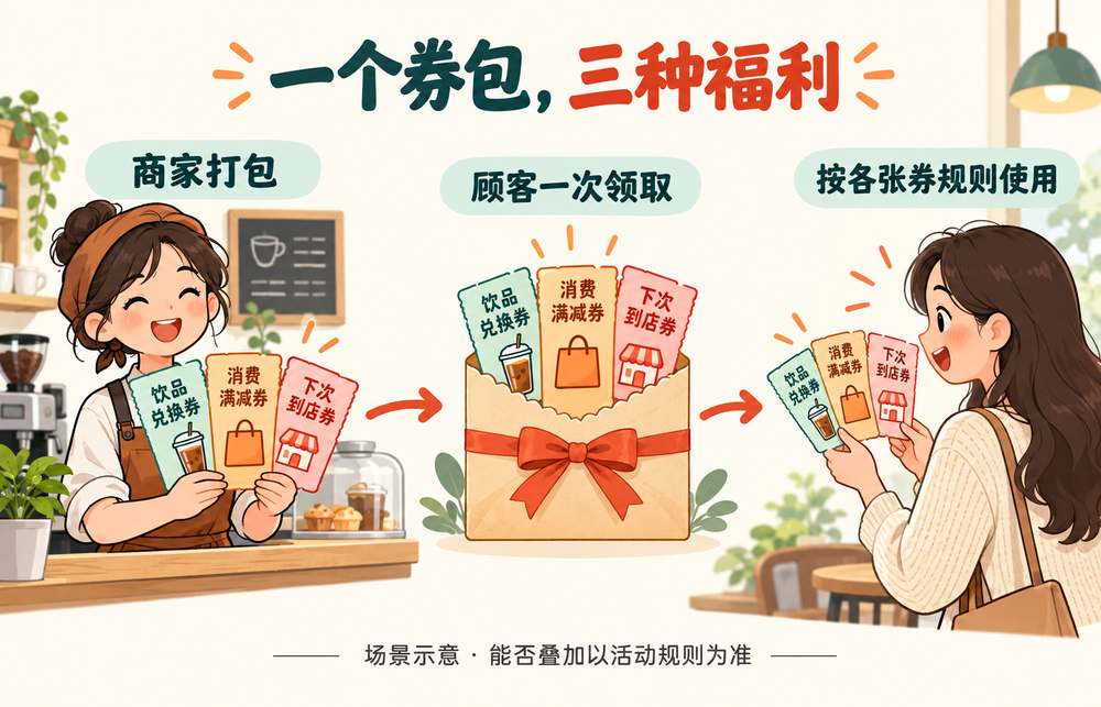 券包业务场景示意:商家打包三种福利,顾客一次领取后按各张券规则使用