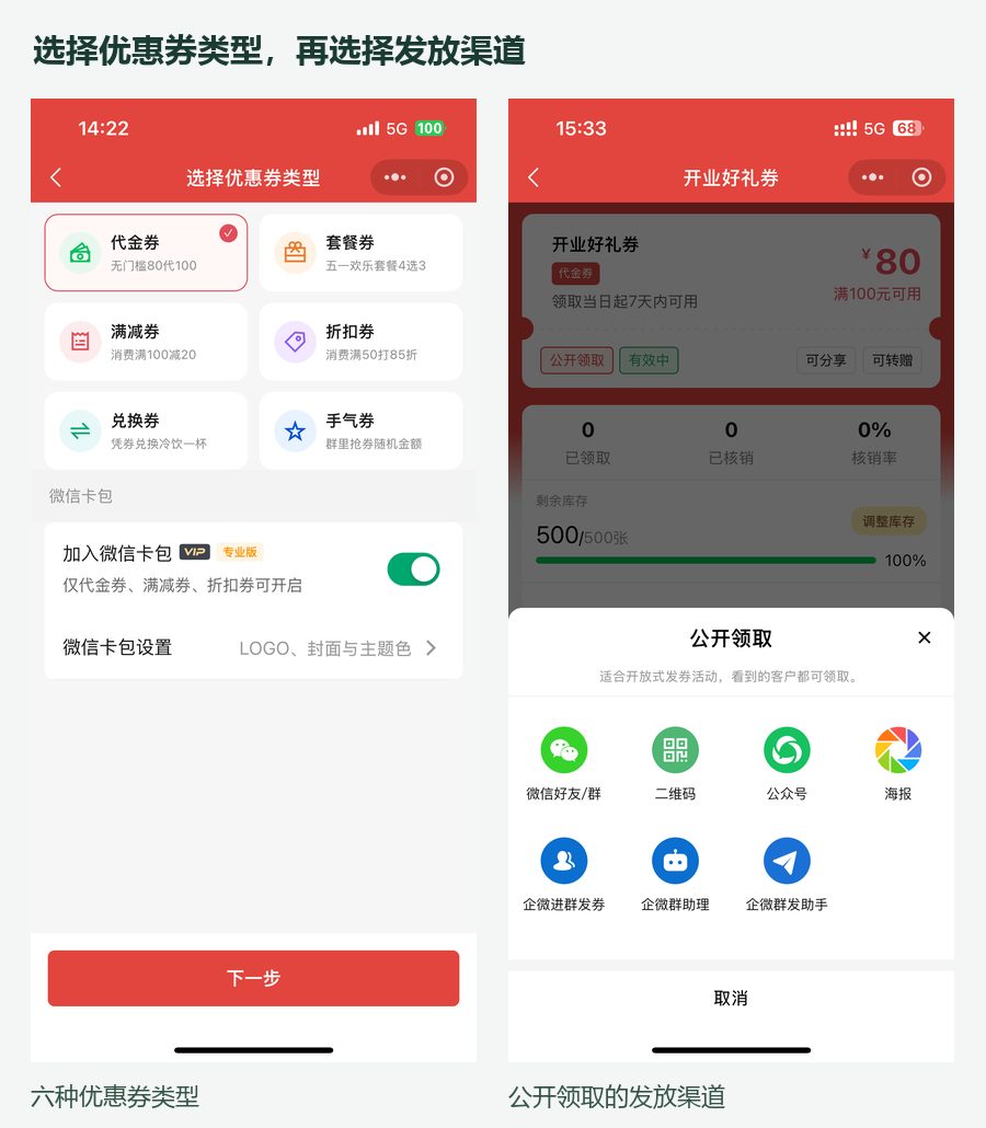 六种优惠券制作类型及公开领取的发放渠道
