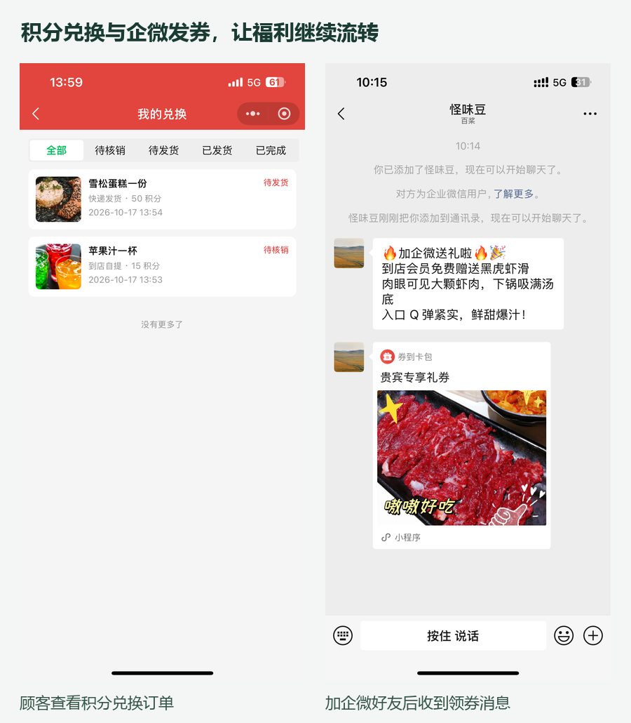 顾客积分兑换订单与企业微信加好友自动发券效果